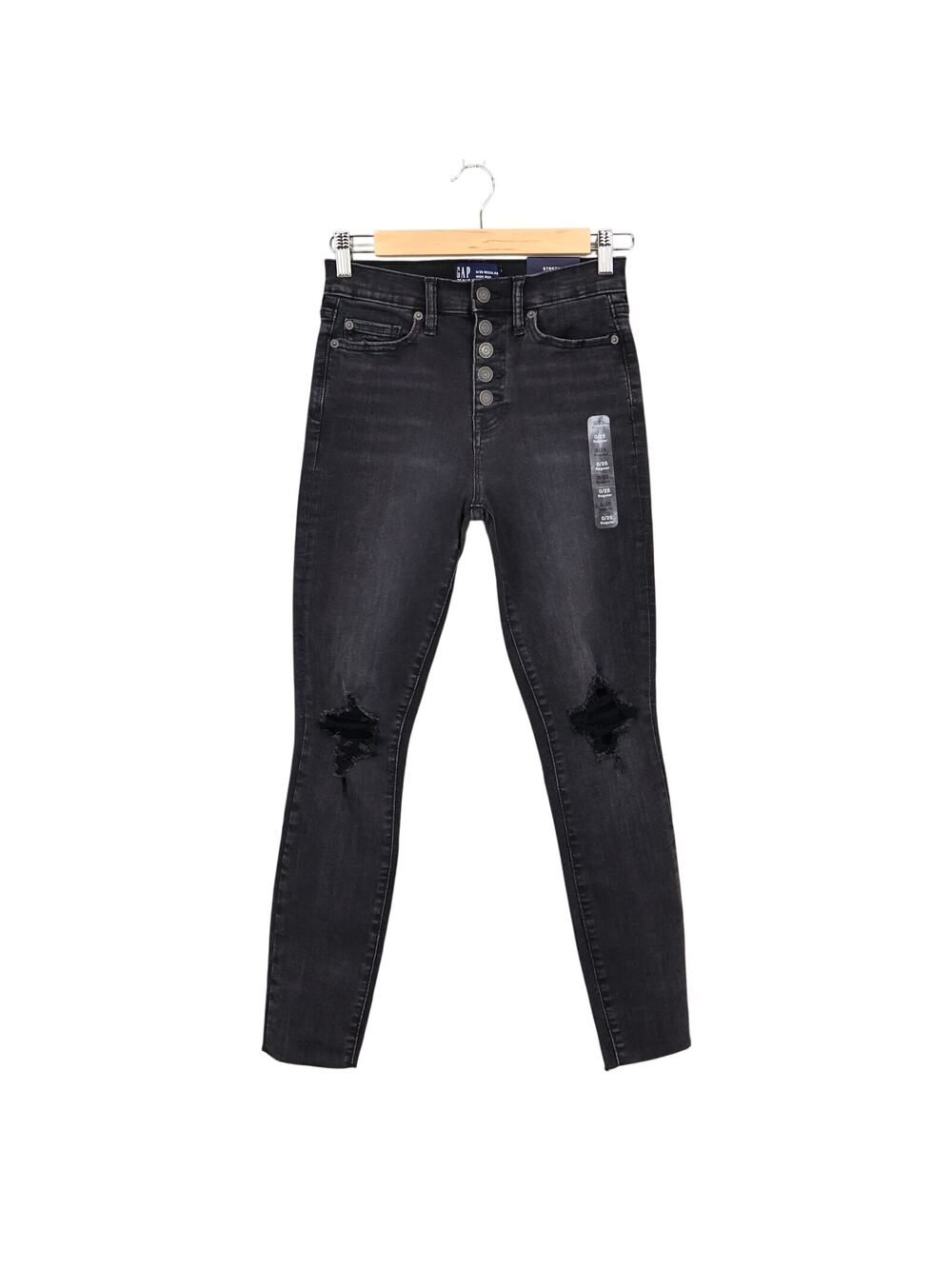 NWT GAP Stretch Denim High Rise Exposed Button Fly Legging Black Wash Size 0/25